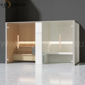 Effegibi LOGICAFILO SH LO41020003 Комбинированная баня: хаммам и сауна. Установка: в левый угол. Мощность: 10,5 кВт макс. Размеры: длина 373 см, ширина 171 см. Отделка: канадский хемлок, матовый лакированный белый аллюминий и серый ламинат из керамогранит