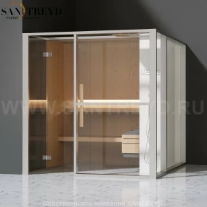 Effegibi LOGICAFILO S LO21020005 Сауна. Установка: в левый угол. Правая дверь. Мощность: 6 кВт макс. Размеры: длина 214 см, ширина 250 см. Отделка: канадский хемлок, матовый лакированный белый аллюминий и серый ламинат из керамогранита.