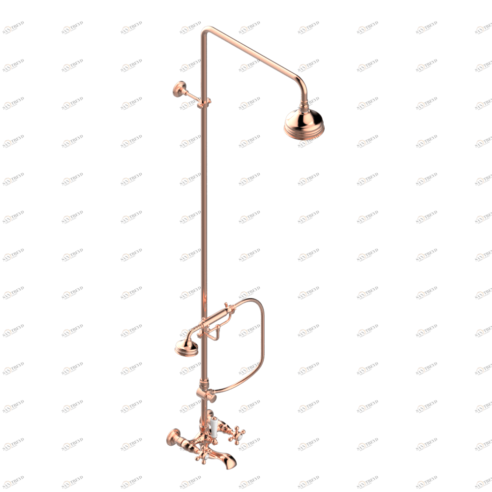 G25-13BCD Смеситель настенный для ванны/душа 1/2" с расстоянием между вентилями 150 мм (+ или - 22 мм), с душевой колонной с переключателем, настенной скобой, ручным душем, шлангом 1.5 м, держателем на стержне и 120 мм верхним душем Thg-paris 1900 Розовое G25 13BCD CAT.F