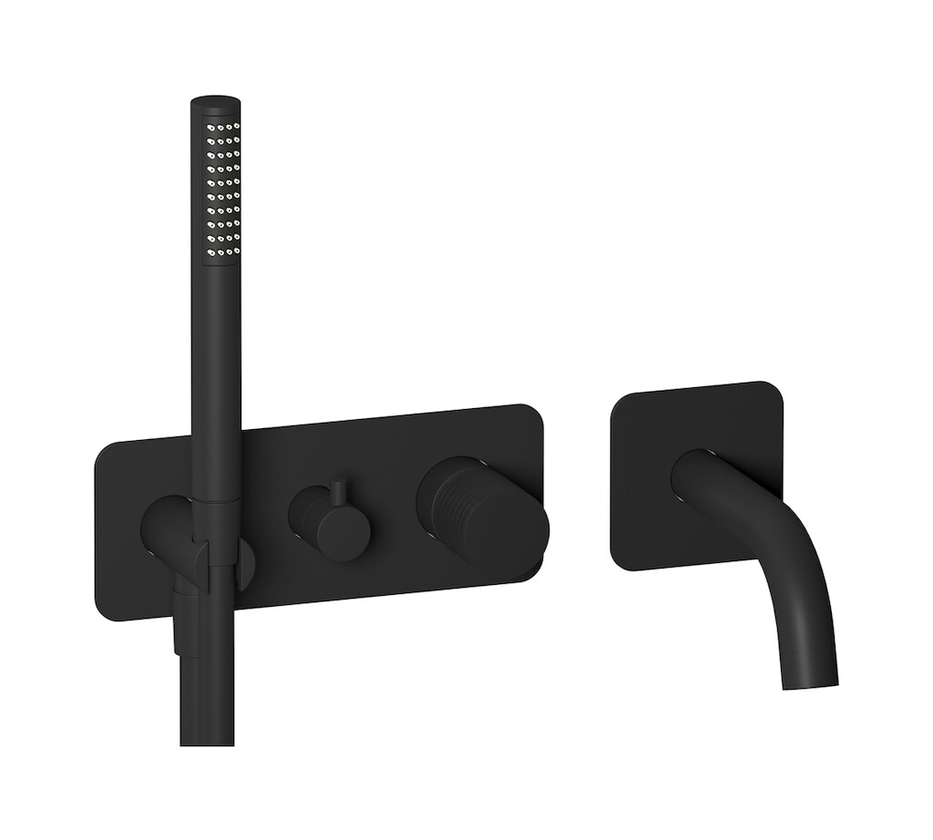 Настенный смеситель для ванной на дивертером и душевым гарнитуром. WE ARE IB ga398np Matt Black Gatsby