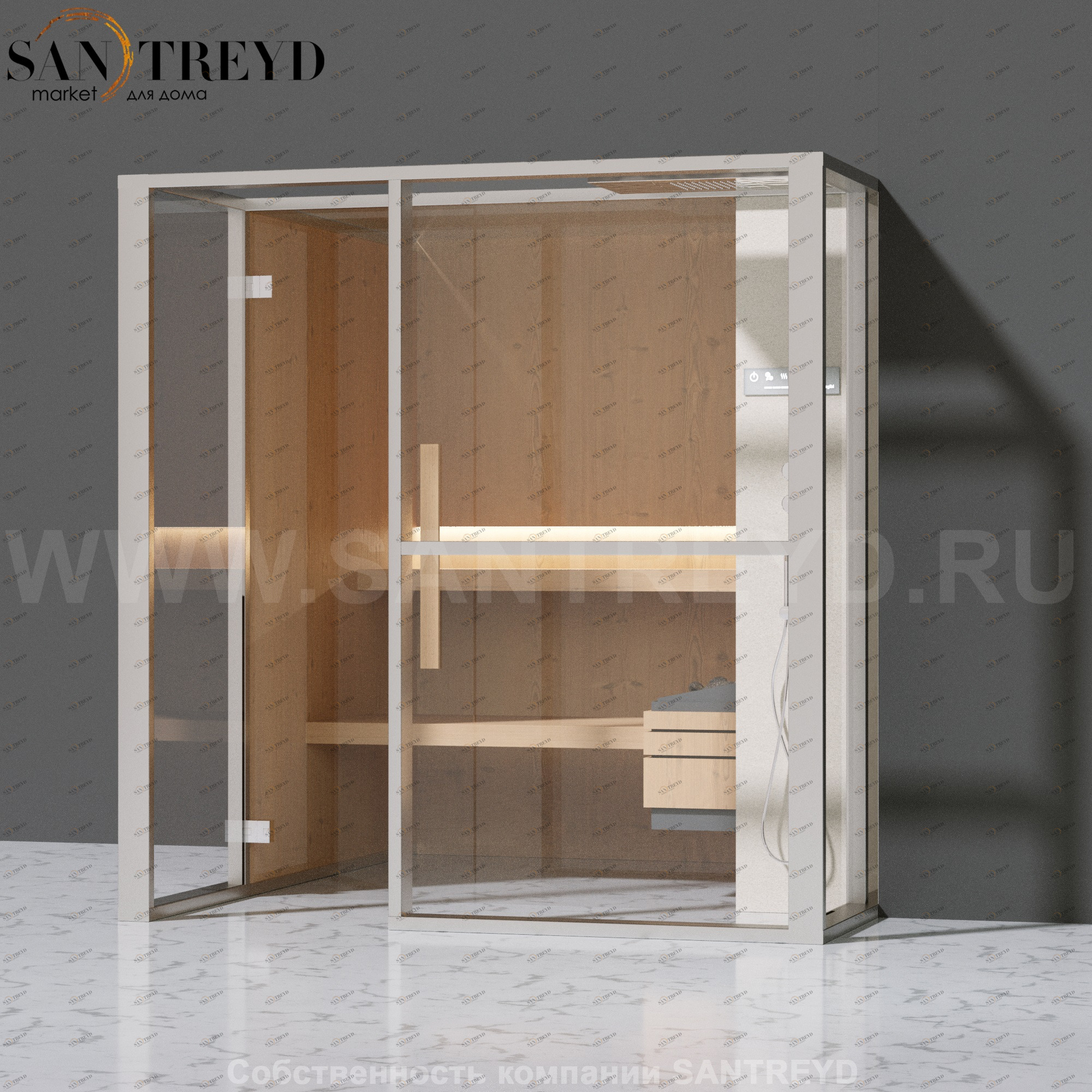 Effegibi LOGICAFILO S LO21020015 Сауна. Установка: в правый  полуугол. Правая дверь. Мощность: 6 кВт макс. Размеры: длина 214 см, ширина 250 см. Отделка: канадский хемлок, матовый лакированный белый аллюминий и серый ламинат из керамогранита.