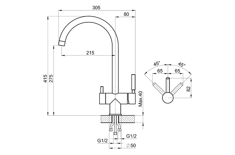 7104, ГРАФИТ МАТОВЫЙ, СМЕСИТЕЛЬ КУХОННЫЙ GRANULA Kitchen Space 7104-ST118 - Вид №2