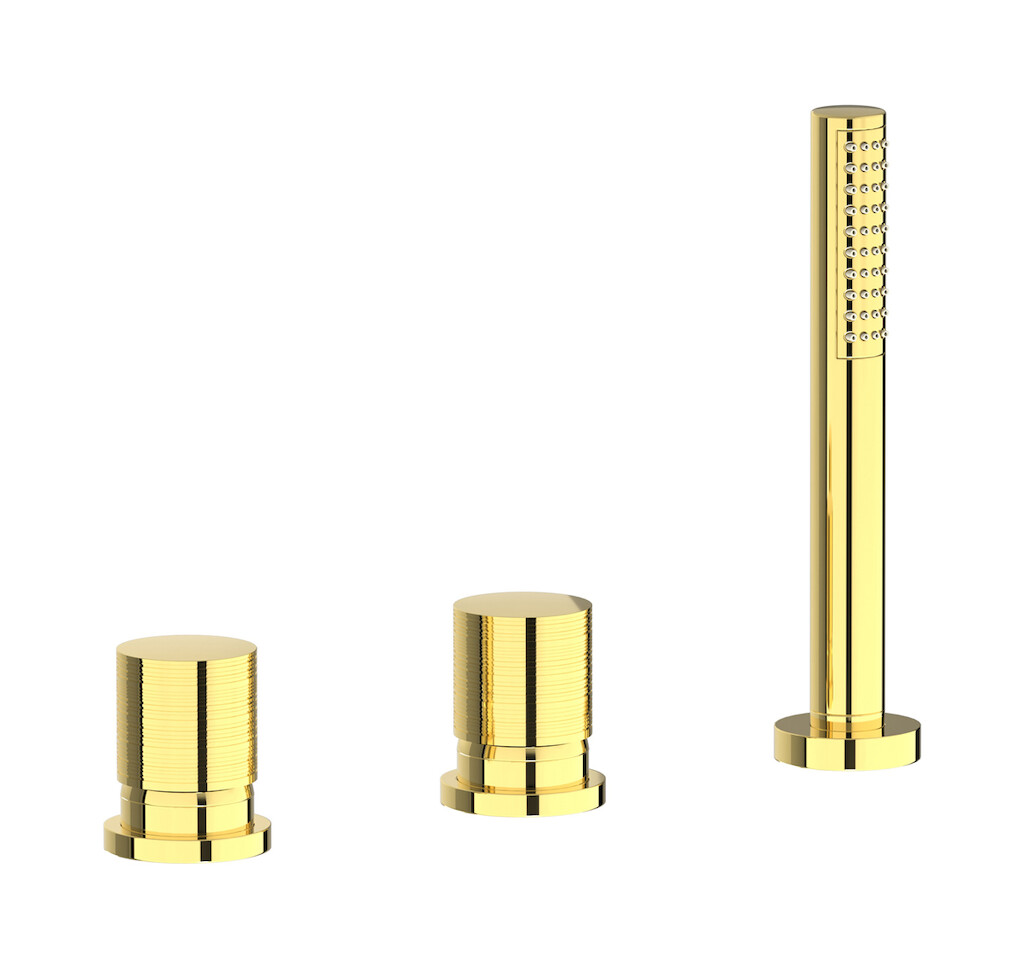 Смеситель на бортик ванной на 3 отверстия с изливом, дивертером и душевым гарнитуром. WE ARE IB vn210mb Gold Vinile