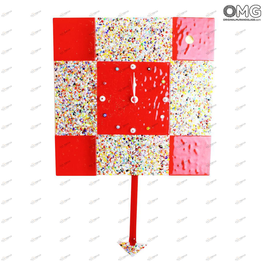 1259 ORIGINALMURANOGLASS Настенные часы с маятником Красная муррина - большие - муранское стекло 30 см 