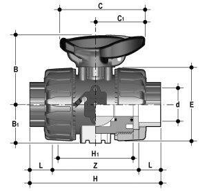 SANIT 123447X20020 2-ходовой шаровой кран d 16-63, ВКД DualBlock®, ПВХ-С, розетка растворителя, безопасность рычаг  - Вид №1