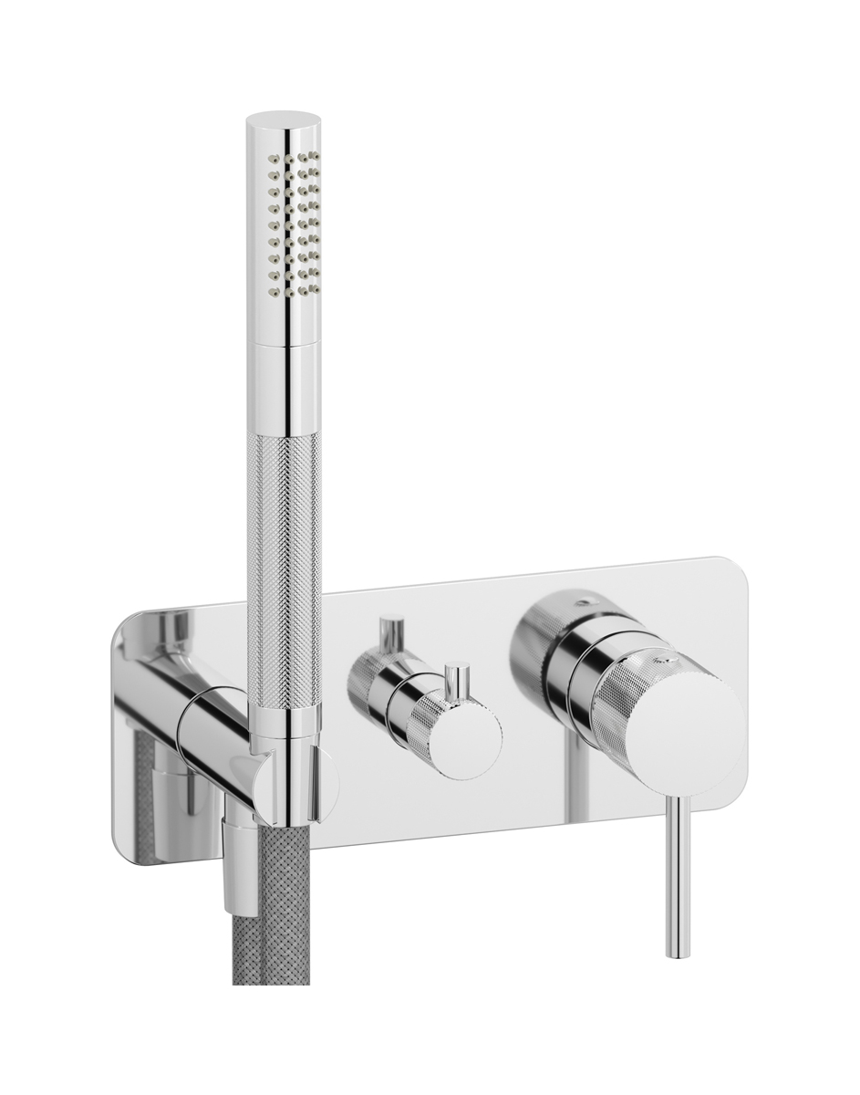 Внешние части встроенного в стену смесителя на 3 потребителя в комплекте с душевым гарнитуром. WE ARE IB id314cc Chrome Industria