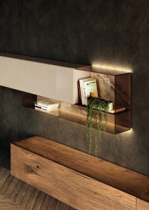 Оборудованная деревянная и стеклянная стена с подставкой для телевизора