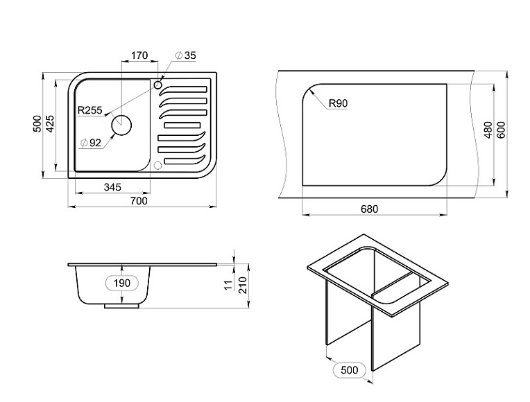 7001, ШВАРЦ (чёрный металлик), кухонная мойка, кварц GRANULA 7001-ST120 - Вид №3