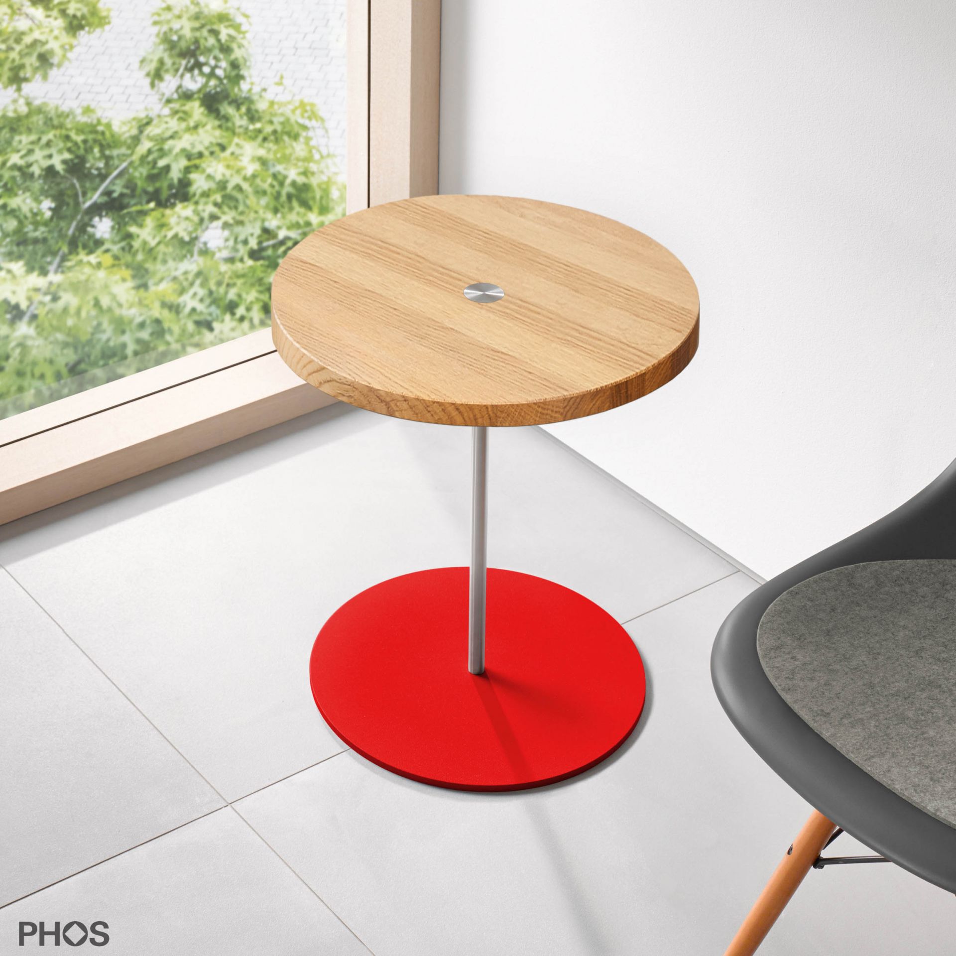 BT400-Eiche-BPR Приставной столик, высота 40 см, столешница из дуба, основание красного цвета PHOS 