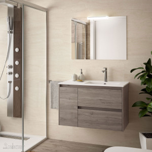 85059 SALGAR Комплект мебели для ванной NOJA 855 левая дверь ETERNITY OAK + Раковина + Зеркало + Свет Робл Вечность