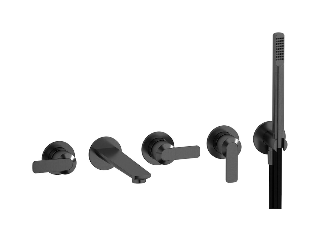 Настенный смеситель для ванной на 5 отверстий с дивертером и душевым гарнитуром. WE ARE IB c6398cs Brushed Black Chrome C-67