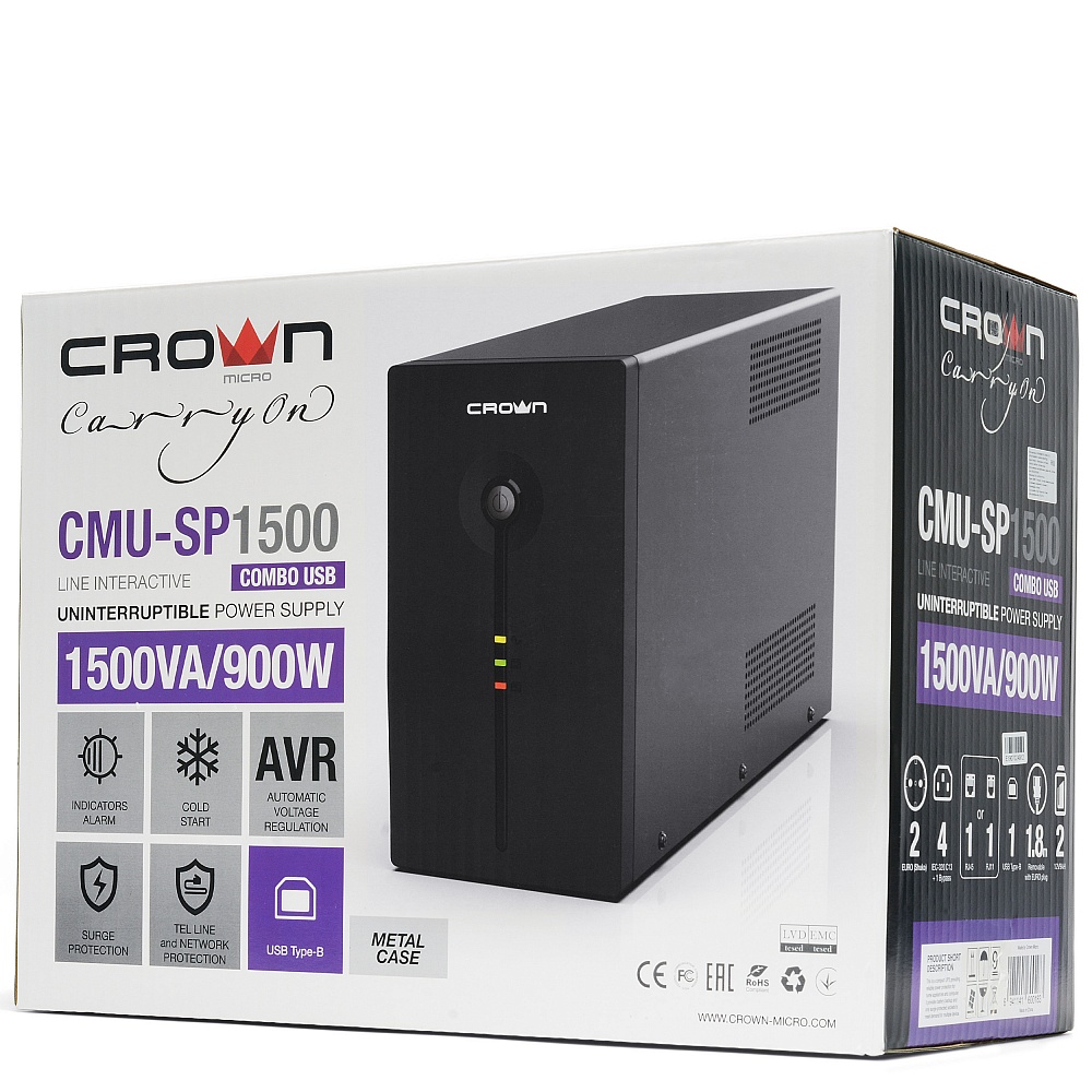 CMU-SP1500 COMBO USB Ups 1500va/900w, металл, 2x12v/9ah, розетки 4*iec + 2*euro+1*iec bybass, трансформатор avr 140-290v, съёмный кабель 1.8 м, фильтр телефонной и ethernet линии rj-11/45, usb-порт, защита батареи, от перегрузки, от кз, по Crown Santreyd  - Вид №4