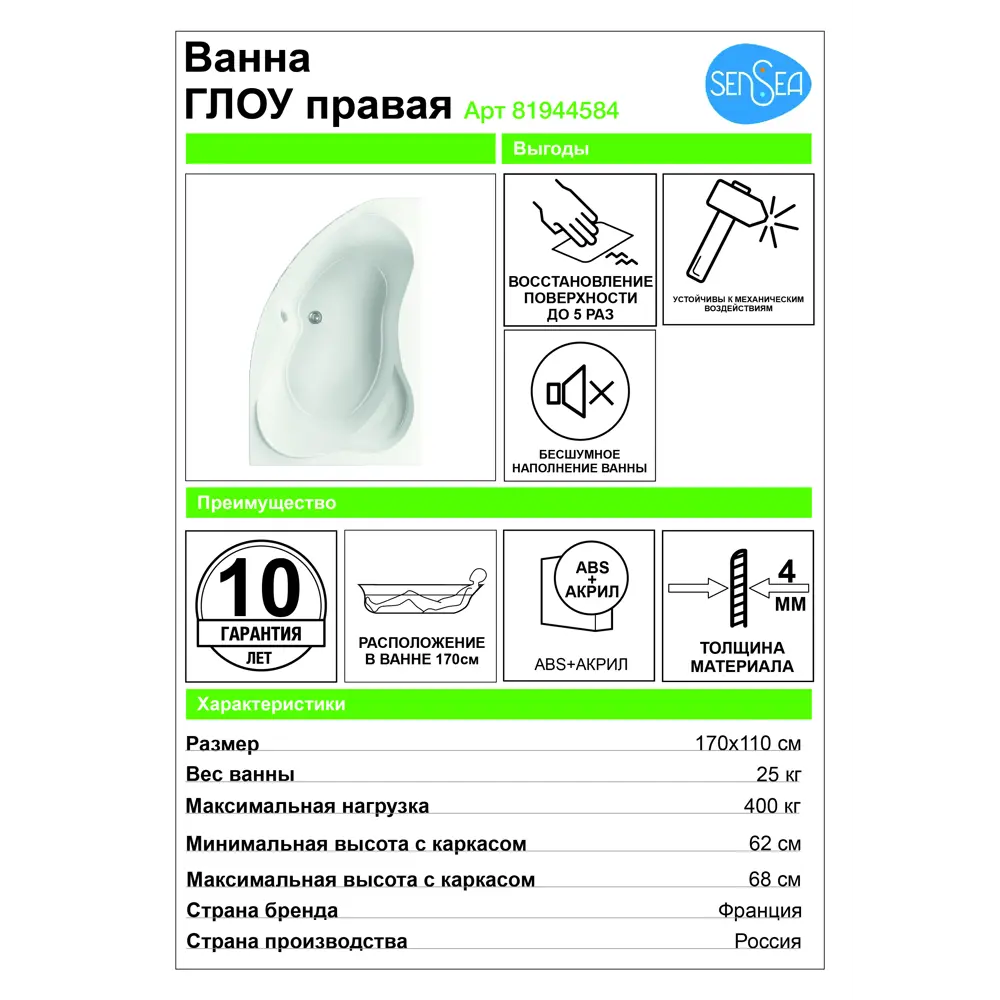 Асимметричная акриловая ванна Sensea Глоу 170x110 см 81944584 STLM-0014295 - Вид №5