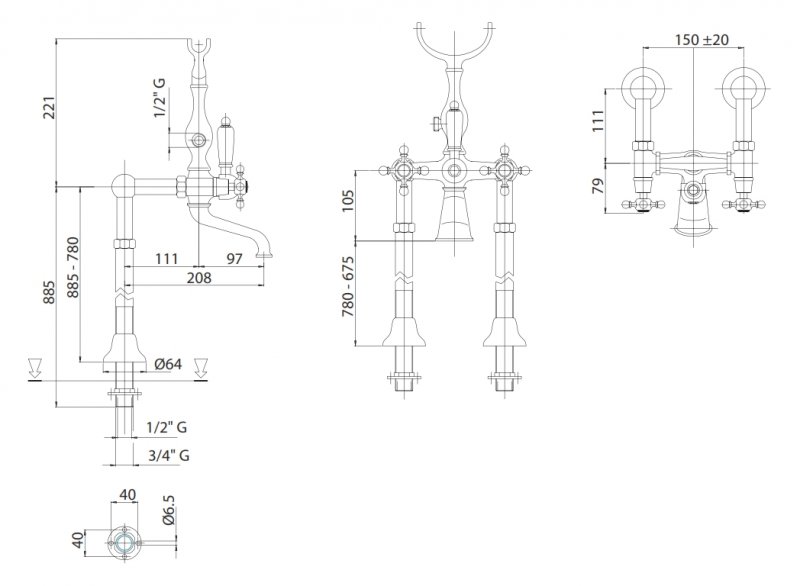 Напольный смеситель для ванны с ручным душем, шлангом 150 см CEZARES LORD-VDP-03/24-M - Вид №1