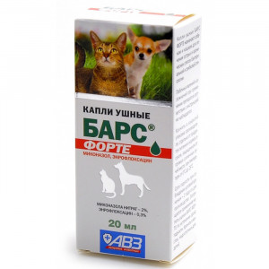 УТ0003900 Капли ушные БАРС Форте для лечения отитов собак и кошек 20мл АВЗ