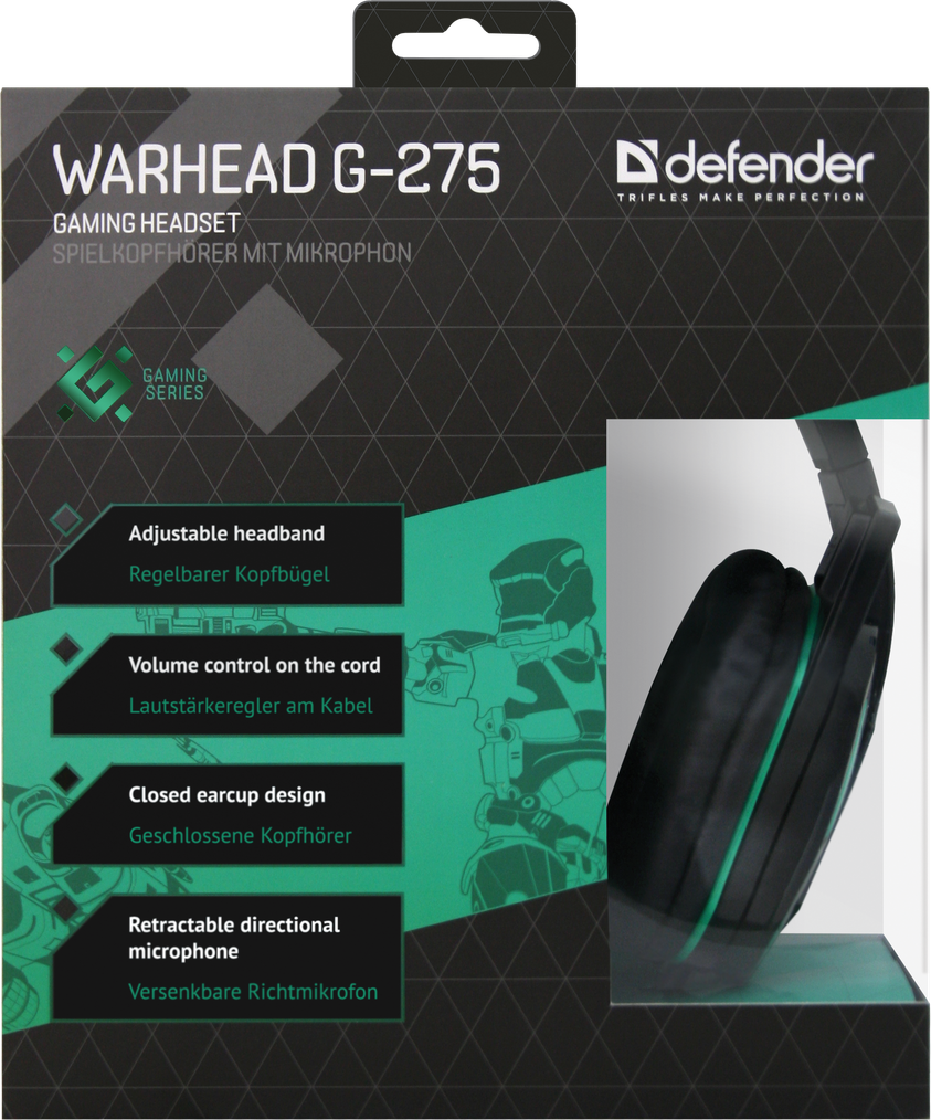 64122 игровая гарнитура warhead g-275 зеленый + черный, кабель 1,8 м Defender Santreyd  - Вид №5