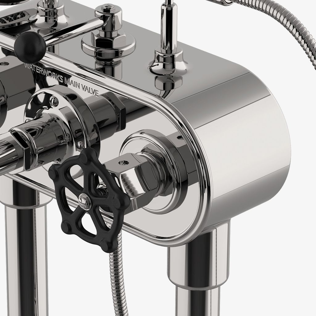 RGXT40 Установленный на палубе наполнитель для ванн с регулятором, ручной душ и черные ручки для колес Waterworks  - Вид №1