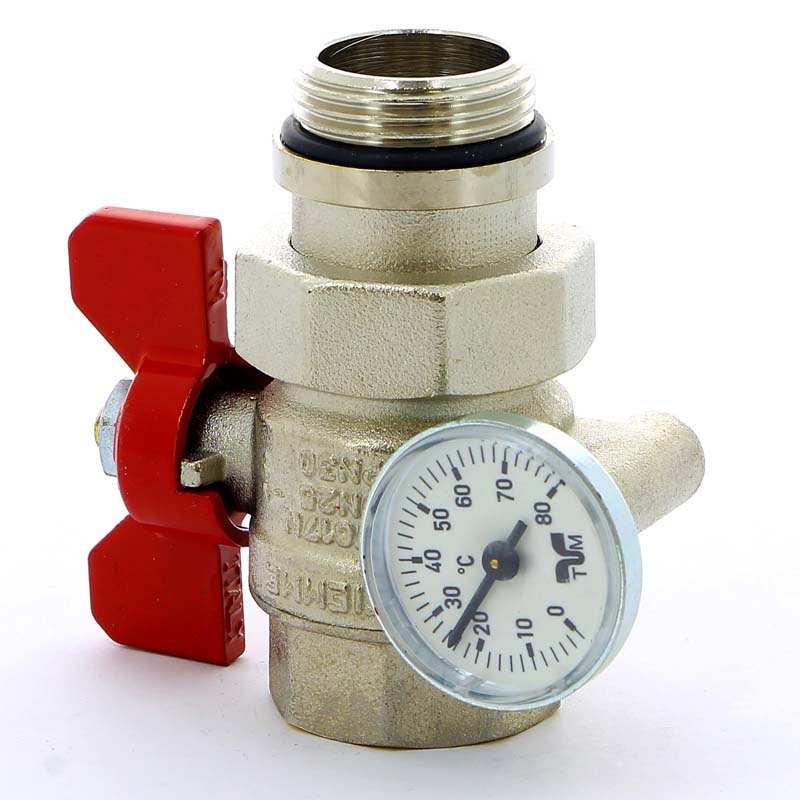 Кран шаровой НВ с разъемным соединением с термометром для коллектора бабочка TIEMME 1" бабочка красная 2120043 - Вид №1