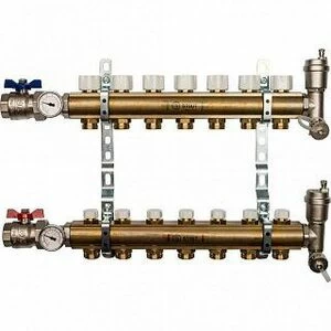 Распределительный коллектор из латуни STOUT 1" х 3/4" х 7 выходов без расходомеров