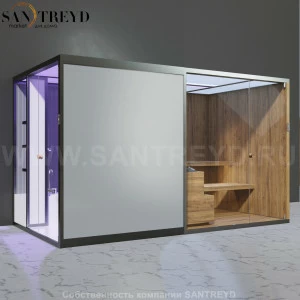 Effegibi BODYLOVE SH BL45240008 Боковая комбинированная баня: хаммам и сауна. Установка: к стене. Мощность: 15 кВт макс. Размеры: длина 393 см, ширина 176 см. Отделка: термообработанная древесина, трубчатое стекло и гладкое стекло.