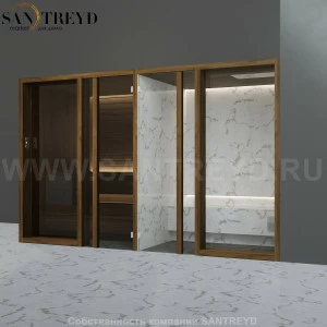 Effegibi YOKU.G SH YO.30310002 Комбинированная баня: хаммам и сауна. Установка: в правый угол. Мощность: 10,5 кВт макс. Размеры: длина 342 см, ширина 170 см. Отделка: чёрный орех и светлый керамогранит