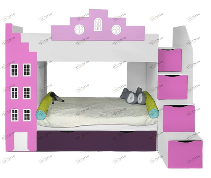 Кровать детская двухъярусная с дополнительным спальным местом левая "Амстердам" МАНДАРИН АМСТЕРДАМ 179535 Белый;розовый Santreyd 