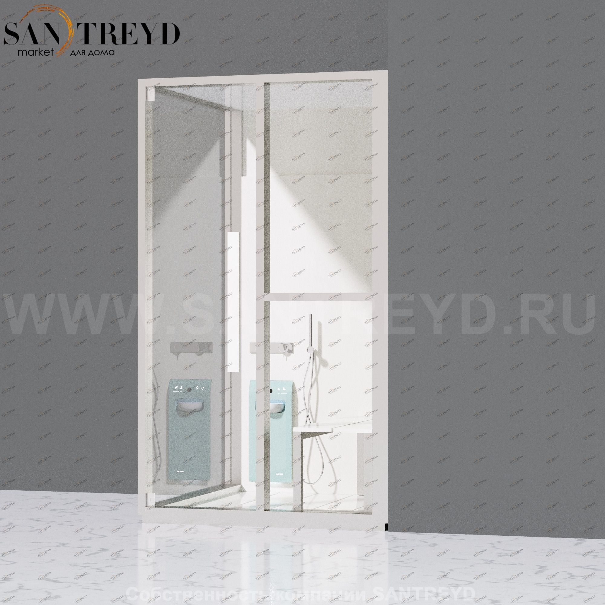 Effegibi H SMALL LO82020005 Комбинированная баня: хаммам и душ. Установка: в правый угол. Правая дверь. Мощность: 3 кВт макс. Размеры: длина 131 см, ширина 92 см. Отделка: матовый лакированный белый аллюминий и серый ламинат из керамогранита.