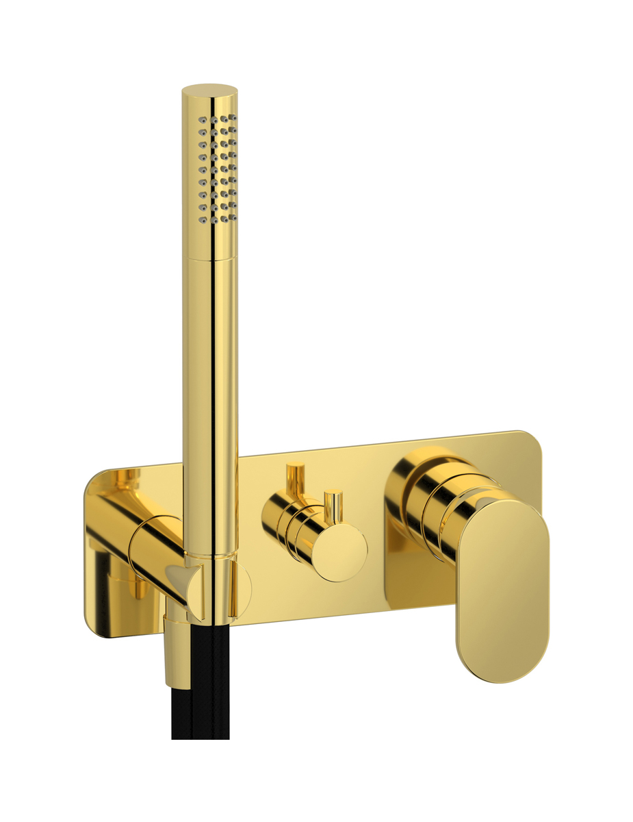 Внешние части встроенного в стену смесителя на 3 потребителя в комплекте с душевым гарнитуром. WE ARE IB k2314oo Gold K2