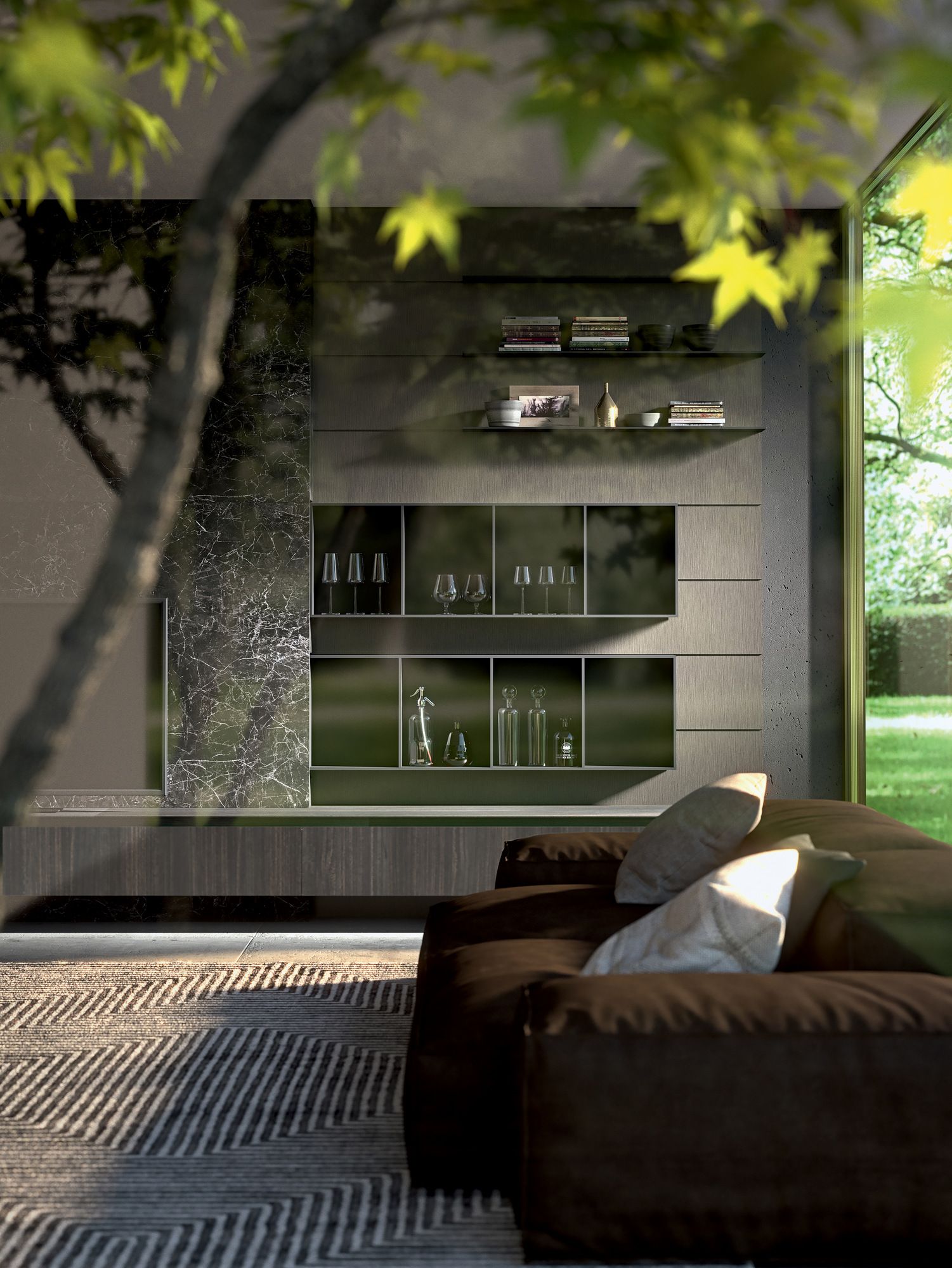 Оборудованная эвкалиптовая стена с подставкой для телевизора MODULNOVA Skill ARCH-00025005 - Вид №2