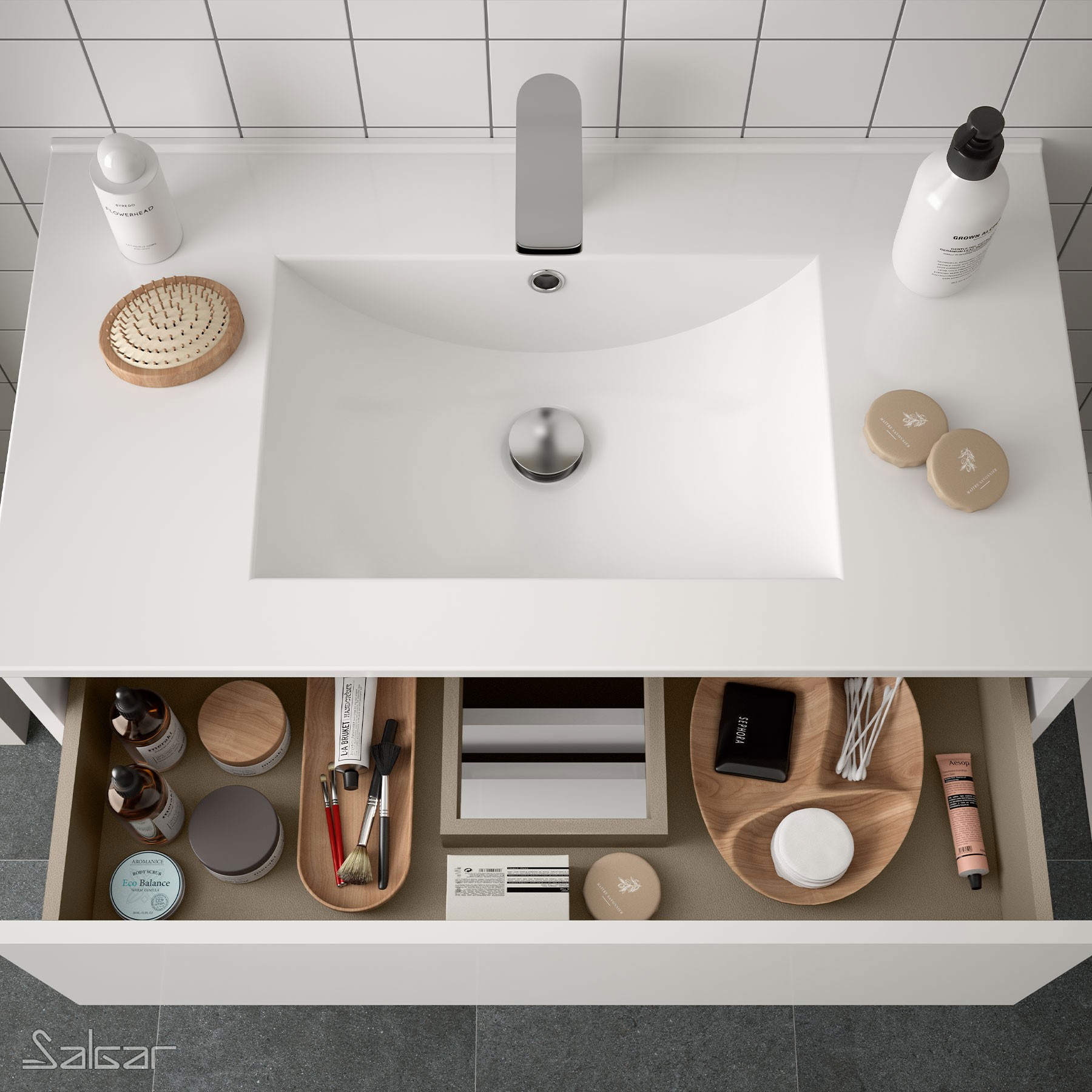 85040 SALGAR Комплект мебели для ванной NOJA 800 WHITE GLOSS LACQUERED + Раковина + Зеркало + Свет Глянцевый белый - Вид №1
