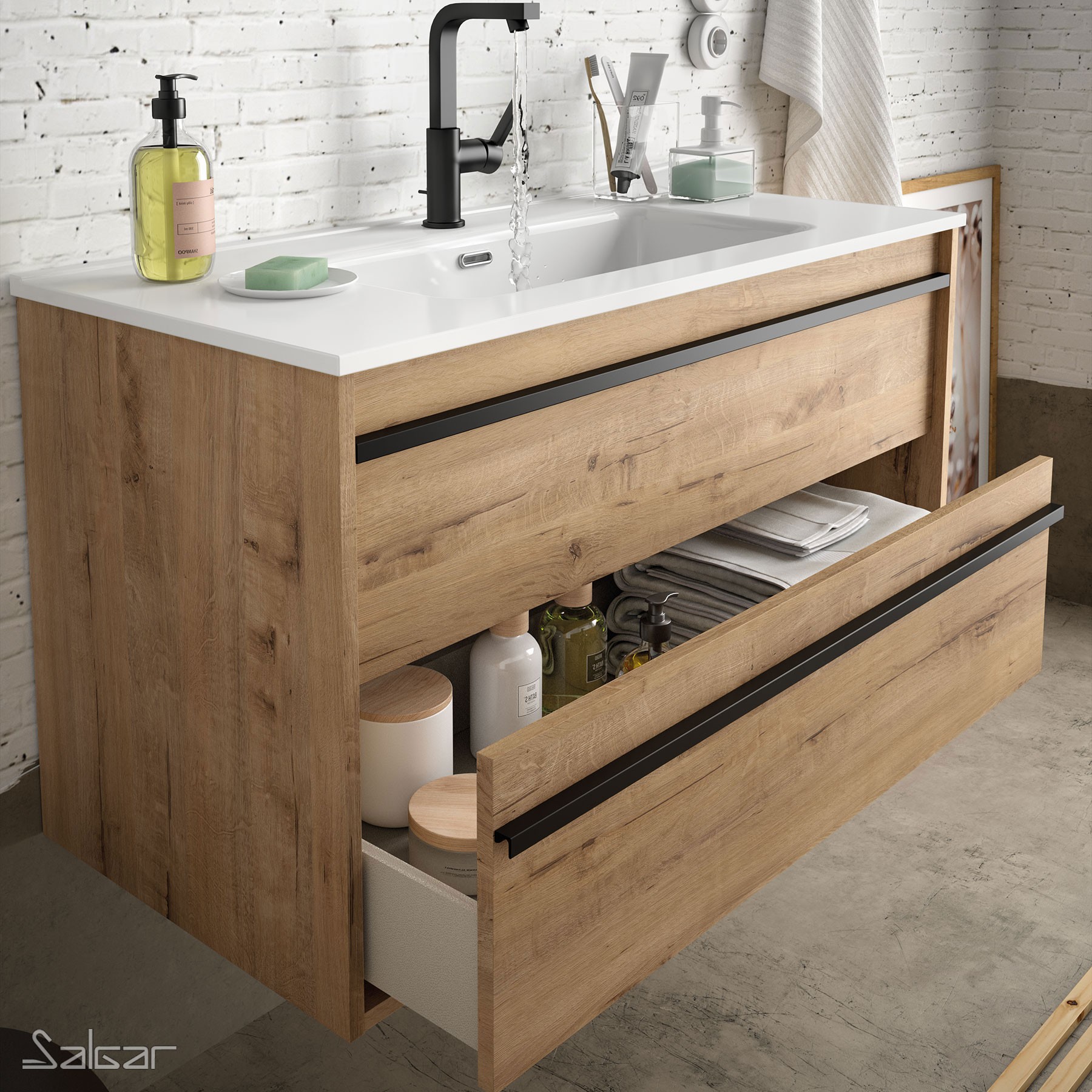 84938 SALGAR Комплект мебели для ванной ATTILA 600 OSTIPPO OAK + Раковина + Зеркало + Свет Робл Остиппо - Вид №1