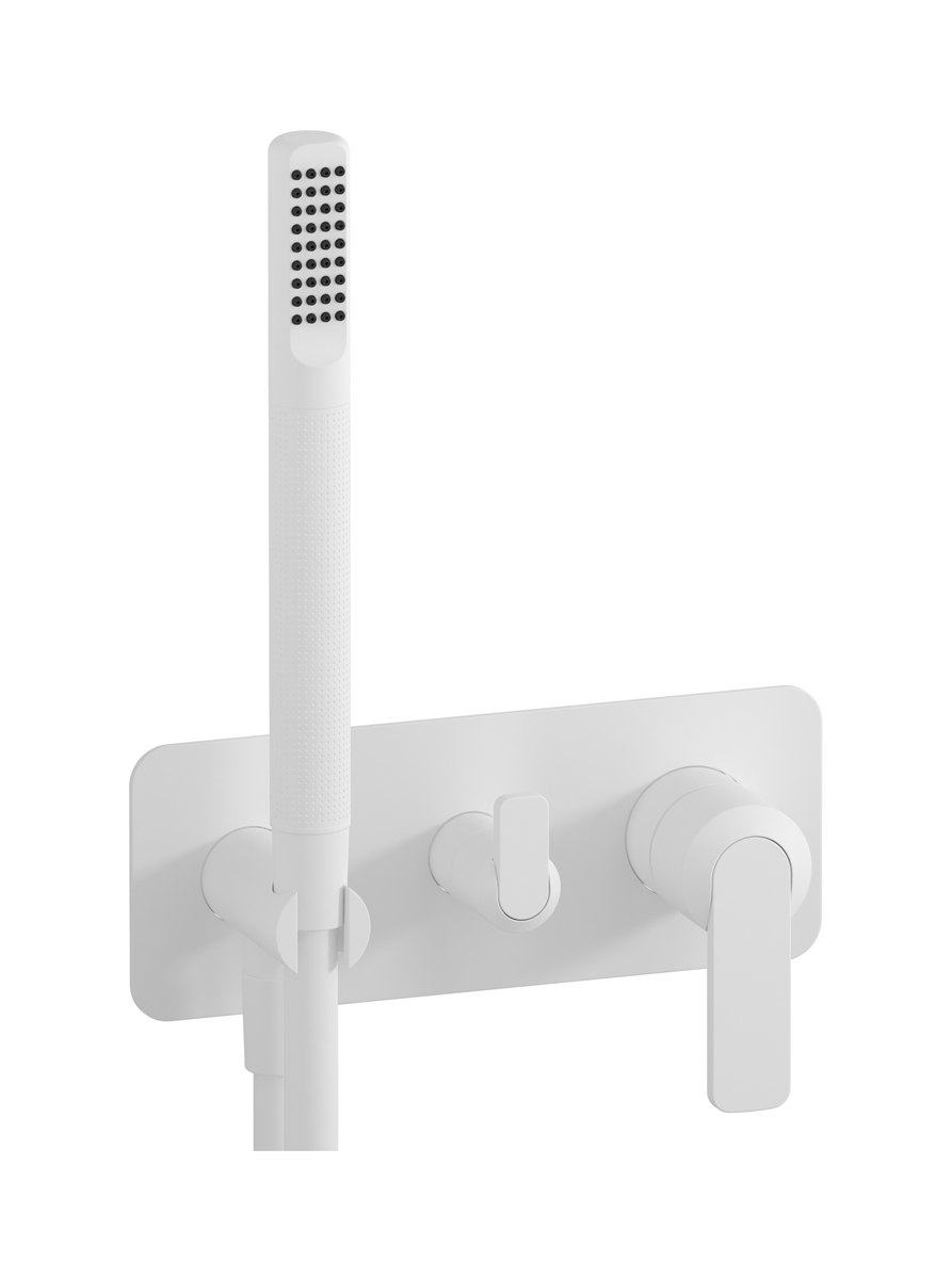 Внешние части встроенного в стену смесителя на 2 потребителя в комплекте с душевым гарнитуром. WE ARE IB c6313bo Matt White C-67