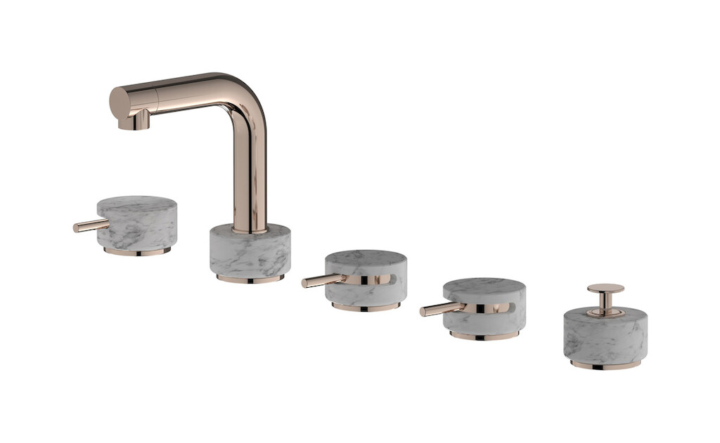 Смеситель на бортик ванной на 5 отверстий с дивертером и душевым гарнитуром. WE ARE IB mm396rs_1 Rose Gold Marmo