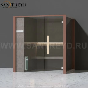 Effegibi ONEFILO H LO61030002 Хаммам. Установка: к стене. Левая дверь. Мощность: 4,5 кВт макс. Размеры: длина 214 см, ширина 171 см. Отделка: матовый лакированный коричневый аллюминий и темный ламинат из керамогранита.