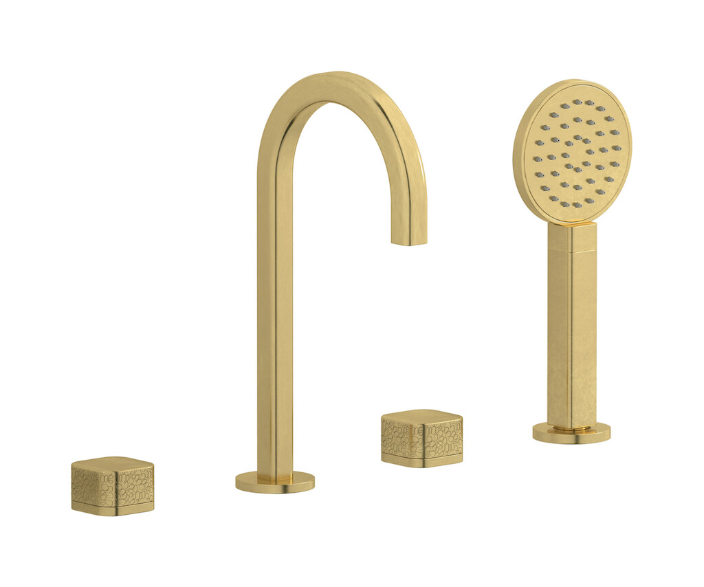 Смеситель на бортик ванной на 4 отверстий с дивертером и душевым гарнитуром. WE ARE IB eo396on_2 Natural Brass Elio