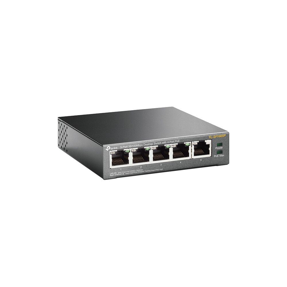 TL-SF1005P 5-port 10/100mbps desktop switch with 4-port poe, 5 10/100mbps rj45 ports including 4 poe ports, 58w poe power supply, steel case TP-Link Santreyd  - Вид №1